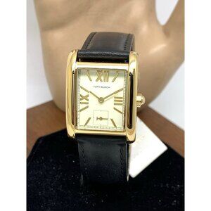 Tory Burch Women's Watch TBW1076 Tank Cream Dial Gold Quartz Black Leather Band